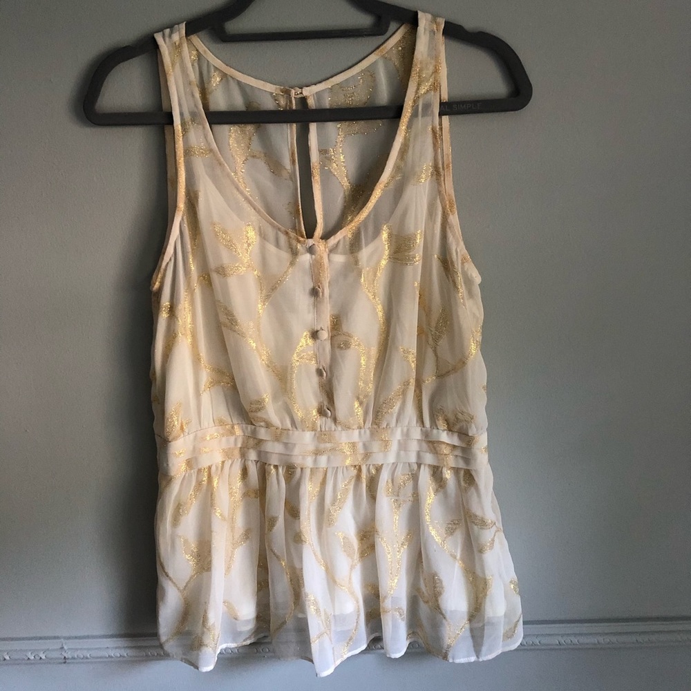 Anthropologie cream tank top with gold leaf detail